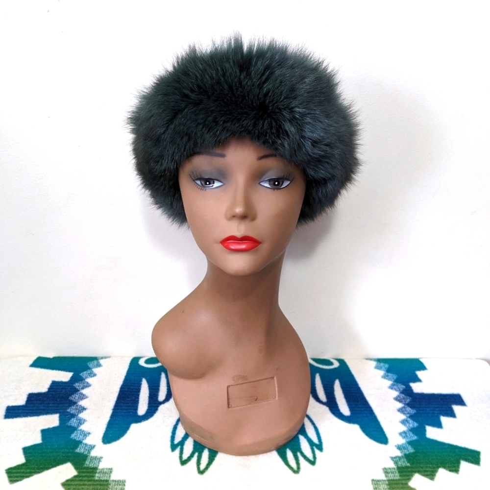 😍💚 Fabulous Vintage Green Real Fur Leather Hat Made in Canada